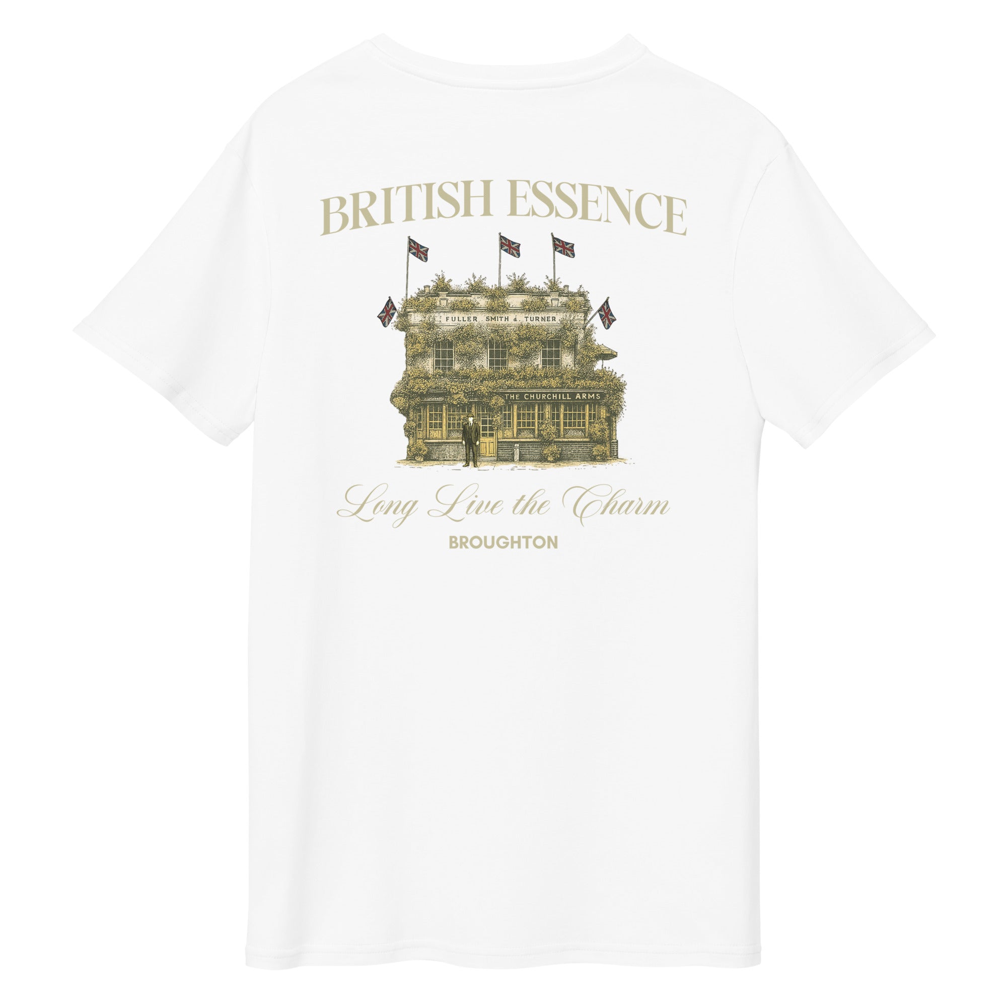 mens white t shirt with graphic design winston churchill arms british essence font