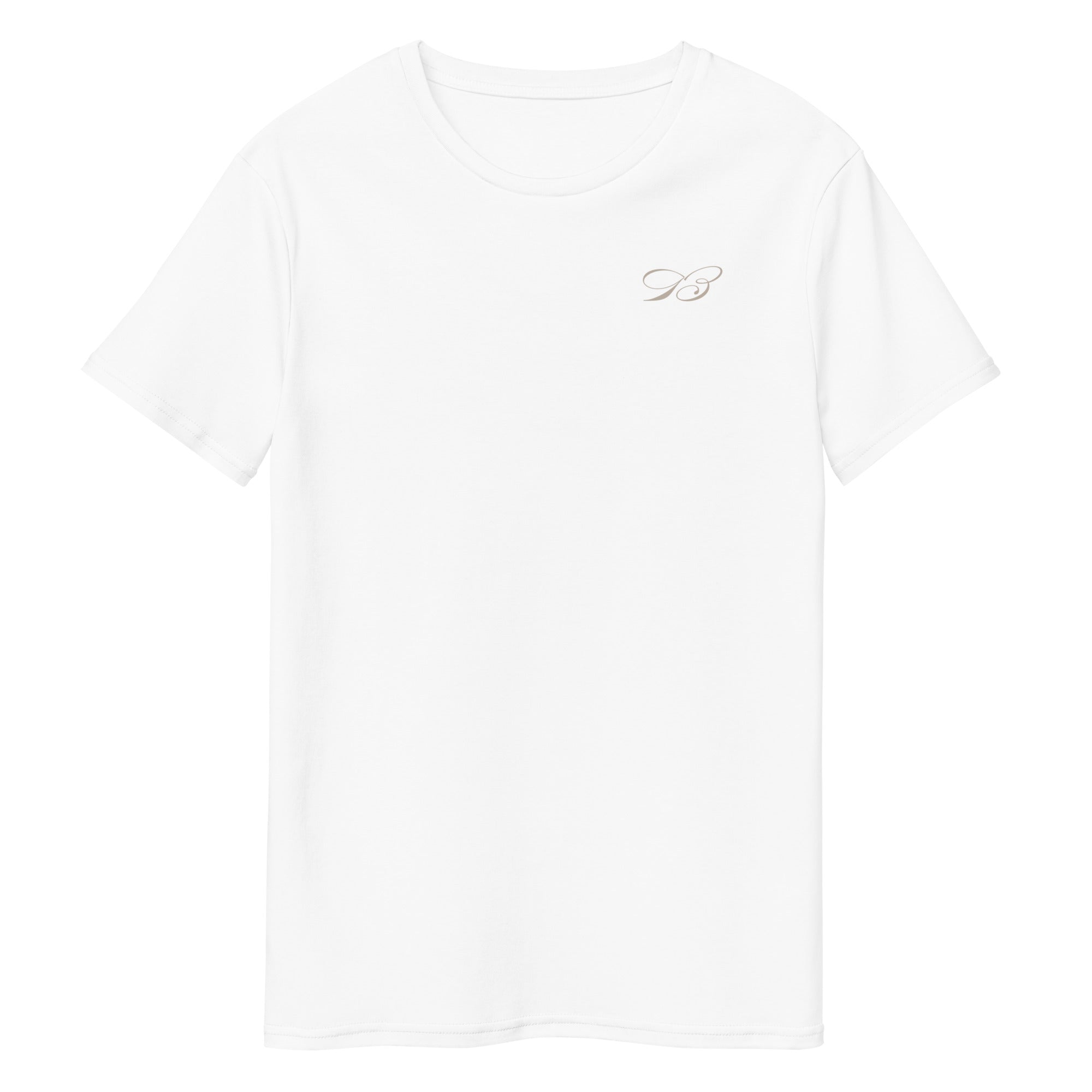 mens white t shirt with broughton b logo on crest