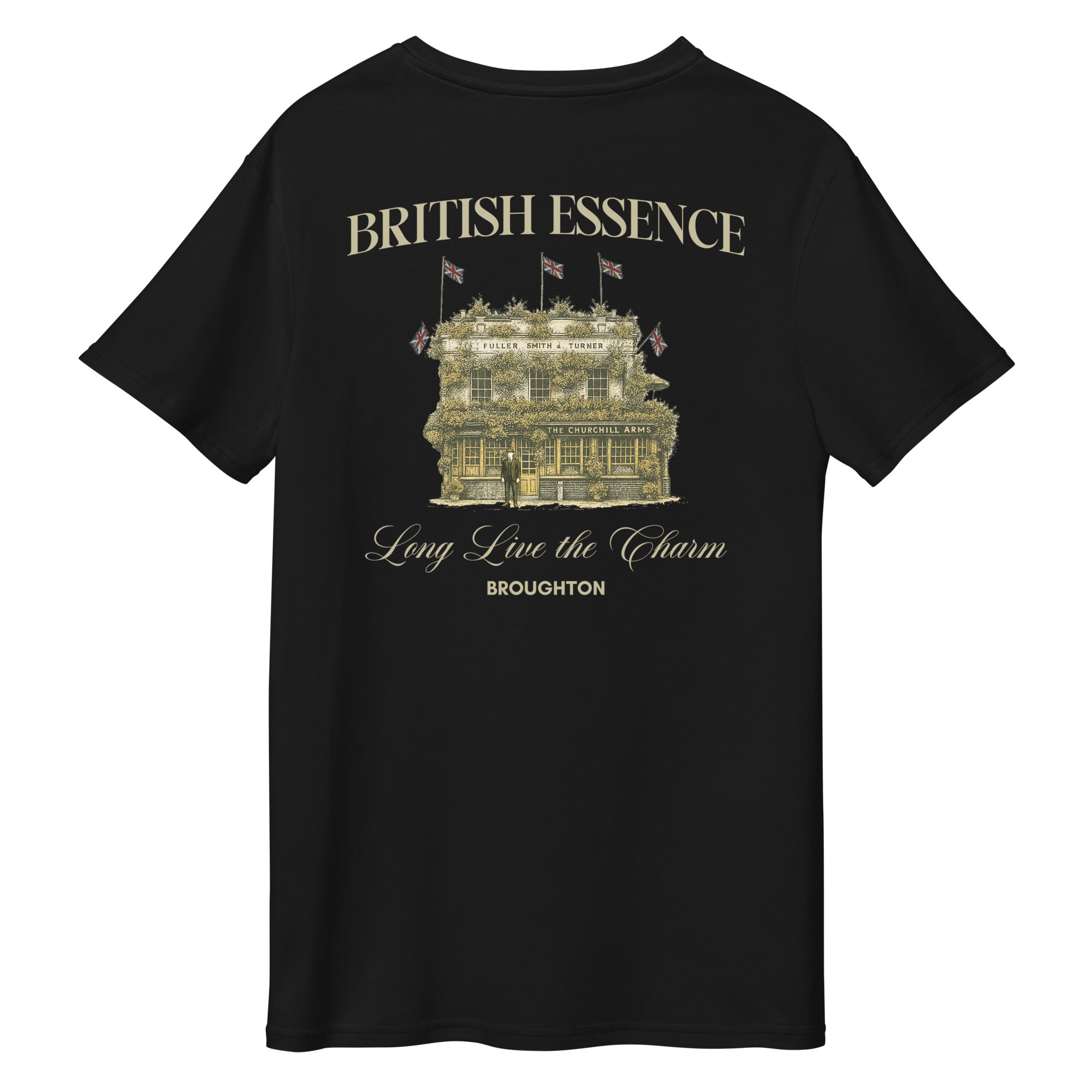 mens black t shirt with grapich design of british pub and british essenence text 
