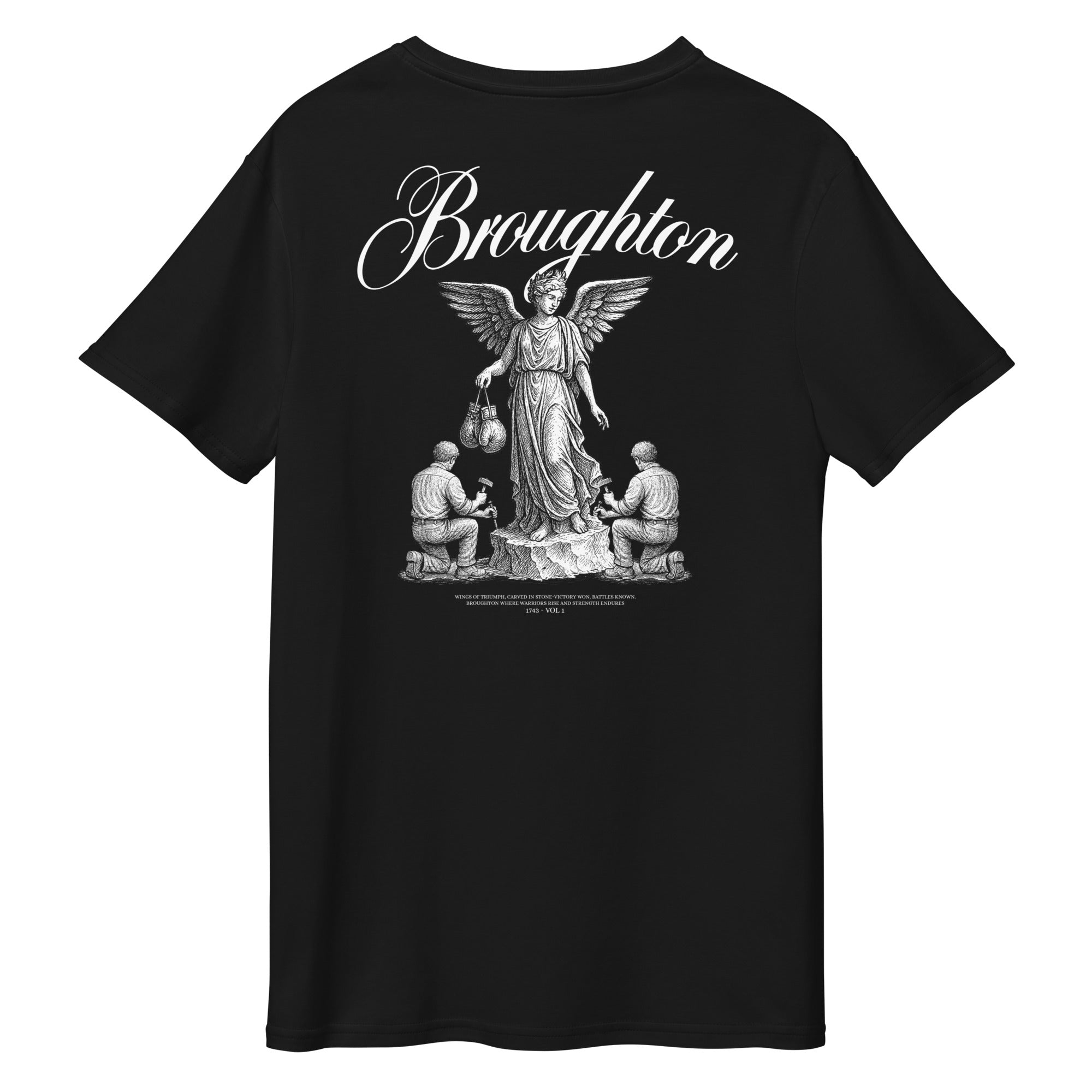 black mens t shirt with graphic design of stone carved angel hoding boxing gloves and big text saying broughton