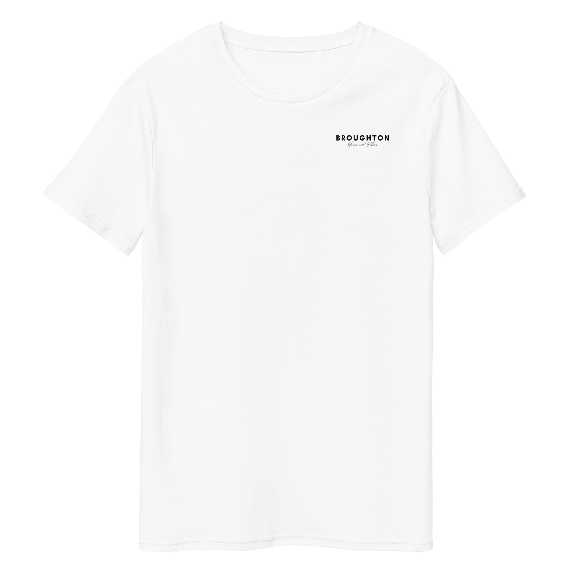 mens white t shirt with black text on crest broughton honour and valour